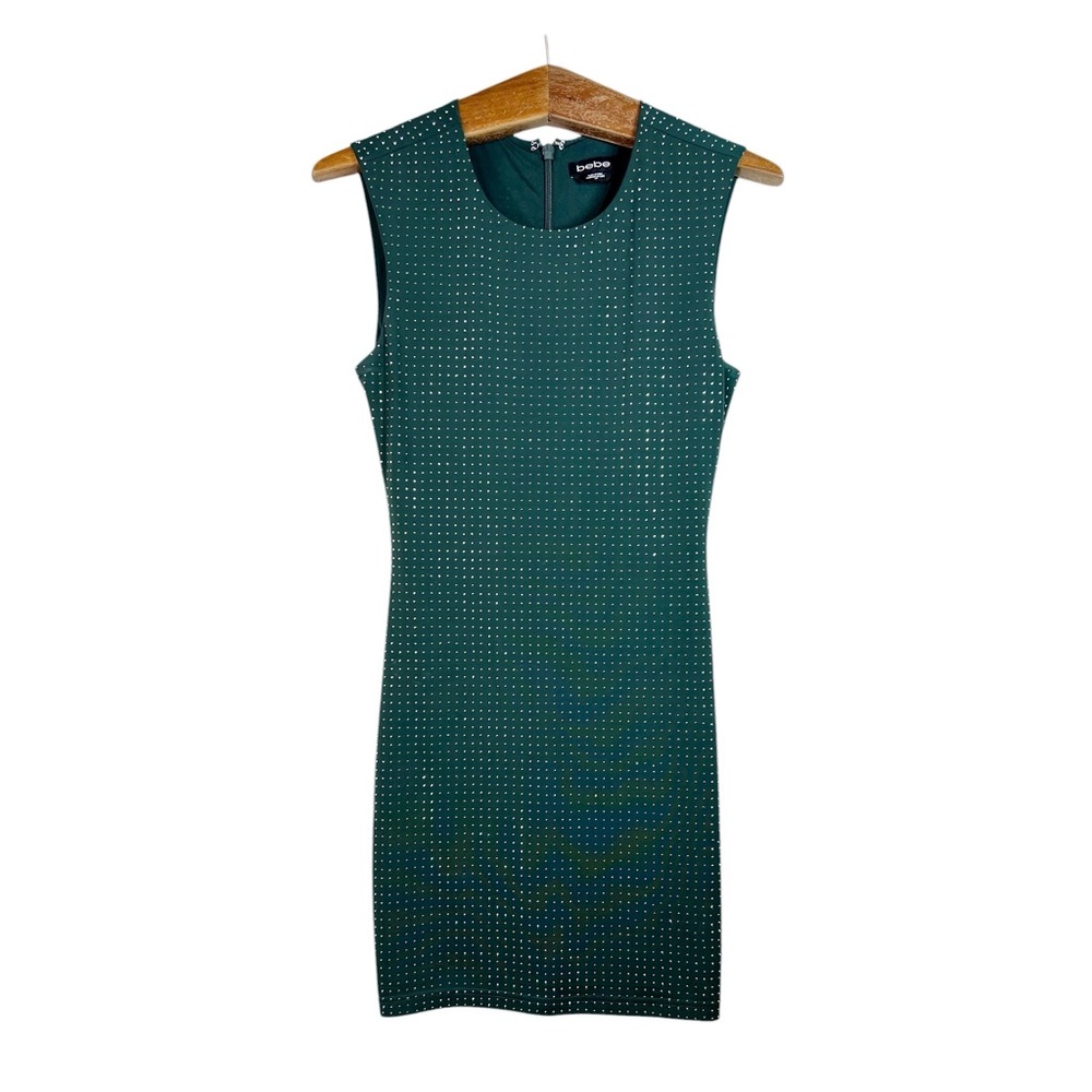Bebe Green Studded Rhinestone Bodycon Short Mini Dress Size S Festive Y2K